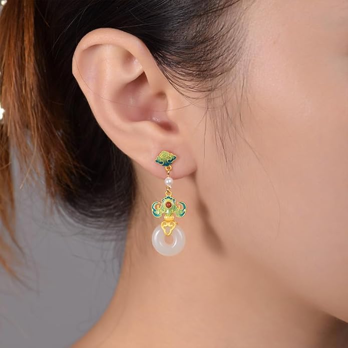 14K Gold over 925 Sliver Natural Jade Enamel Gradient Earrings, Round Lotus Design Drop Earrings, Elegant Jade Jewelry Gift for Mother's Serenity
