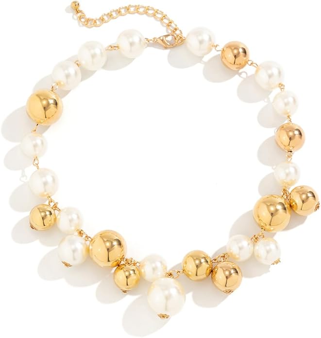 Chunky Pearls Statement Choker Necklace for Women,14K Gold Large Beaded Punk Ball Cluster Collar Necklace Party Dainty Jewelry Gift