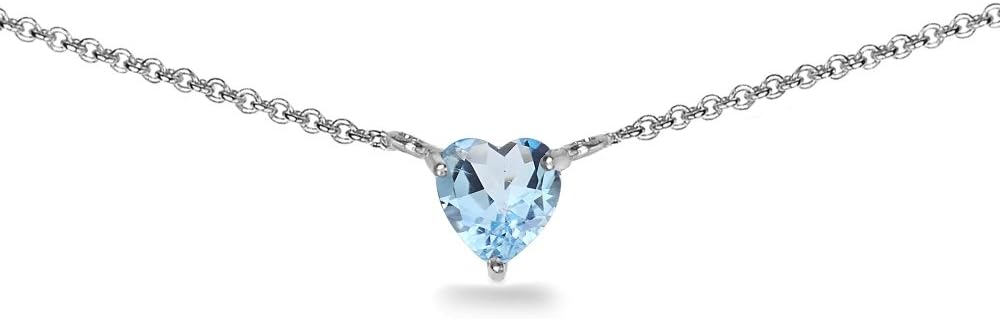 Birthstone Necklace for Women - Genuine or Synthetic Gemstone, 7mm Heart Solitaire, Short Dainty Layered Choker, Silver