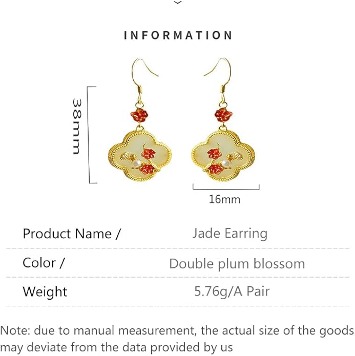14K Gold over S925 Real Natural Jade Plum Blossom Earrings, Enamel Vintage Style Dangle Earrings, Delicate Jade Jewelry Gift for Wife's Elegance