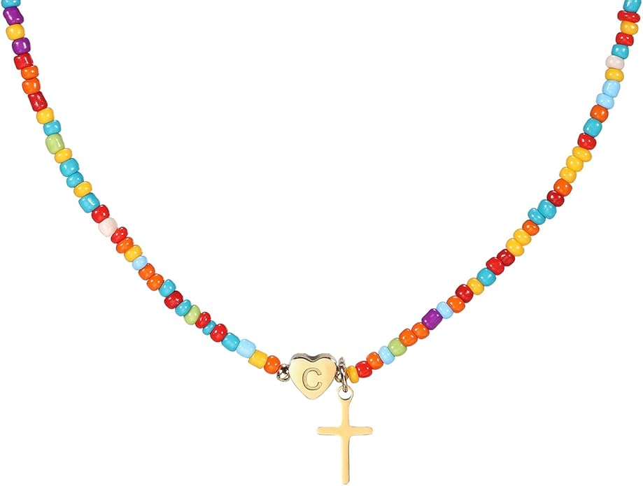 Colorful Initial Cross Necklace for Girls Women Kids - Teen Girls Gifts Trendy Stuff Beaded Letter Cross Choker Necklace for Girls Gifts Jewelry