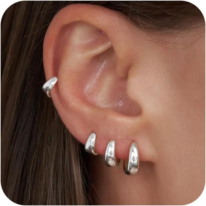 CHESKY 4 Pairs Small Huggie Hoop Earrings for Women - Chunky 14K Gold Plated/Silver Plated Lightweight Earring Stacks Cartilage Hoop Earrings Set for Multiple Piercing Trendy Jewelry