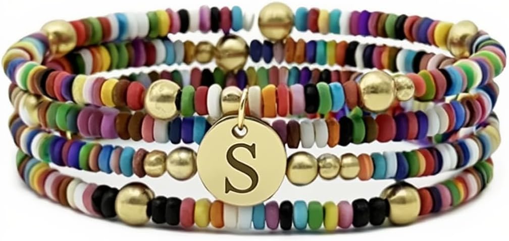 Set of 4 Colorful Bead Initial Bracelets, Personalized Stackable Jewelry, Adjustable Stretchy Charm Bracelets for Women, Beaded Bracelet Set, Trendy Custom Jewelry Gift