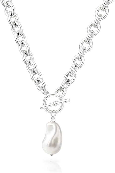 Zeffy 14K Gold/Silver Plated Chunky Thick Chain Toggle Clasp Necklace Dainty Baroque Pearl/Heart/Cross/Turquoise Pendant Necklace