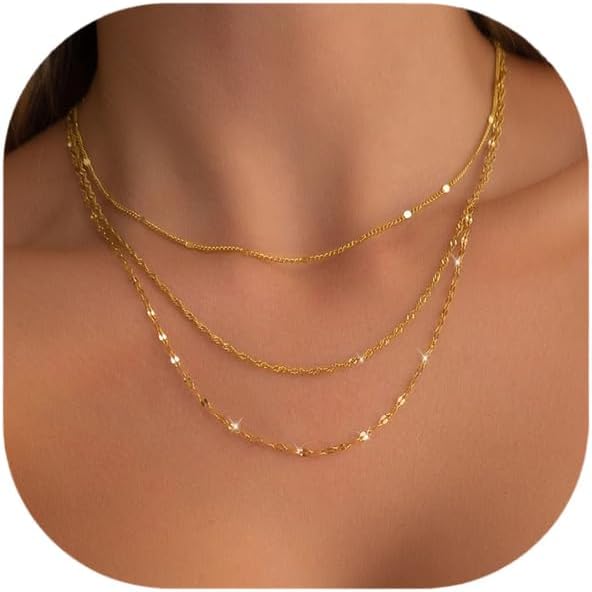 Gold Layered Necklaces for Women, 14K Gold Plated Dainty Gold Chain Choker Necklace Stack, Herringbone Gold Necklaces Set