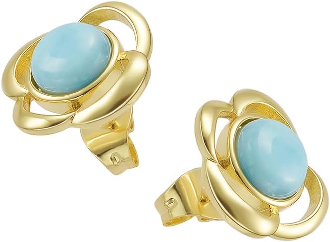 Larimar Stone Stud Earrings for Women, Gold Plated Brass