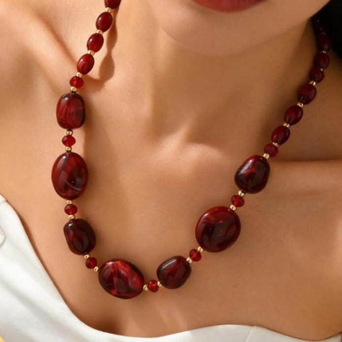 Chunky Beaded Necklace For Women, Multi Color Boho Irregular Oval Bead Long Necklaces Vintage Unique Statement Jewelry Gifts