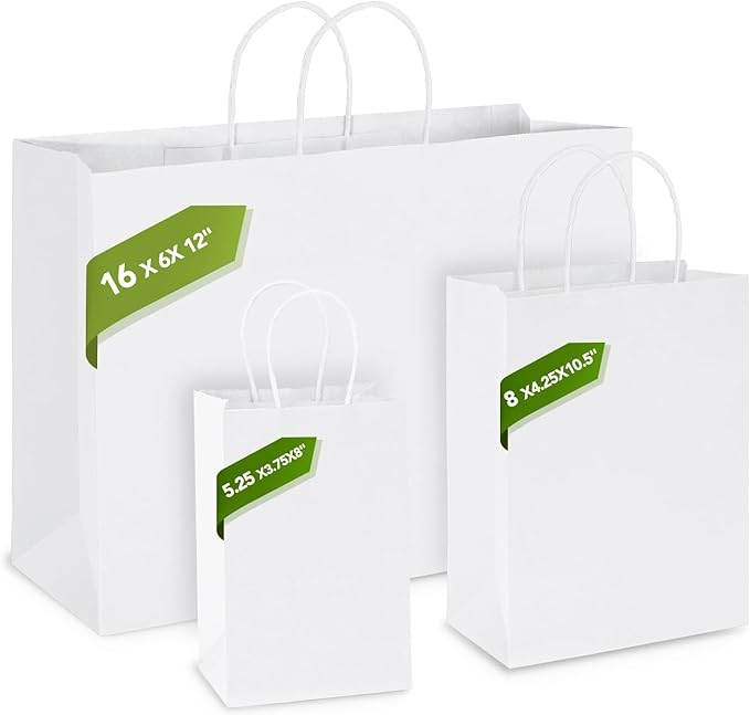 MESHA Gift Paper Bags 200 Pack 16X6X12 White Large Shopping Kraft Bags Bulk with Handles Reusable for Business,Grocery,Birthday,Wedding,Kids Party,Favors