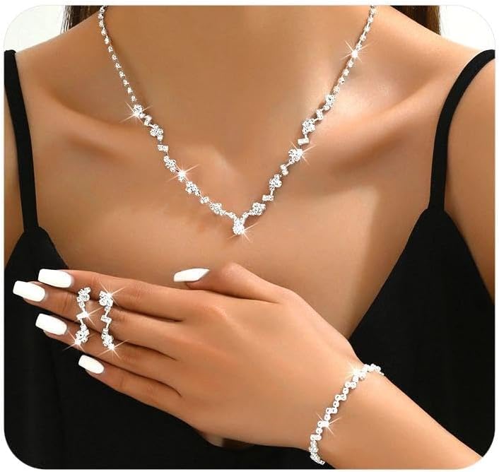 Bling Silver Jewelry Set for Women Trendy Wedding Jewelry Sets for Brides Sparkly Cubic Zirconia Necklace Earring Sets for Women Prom Accessories