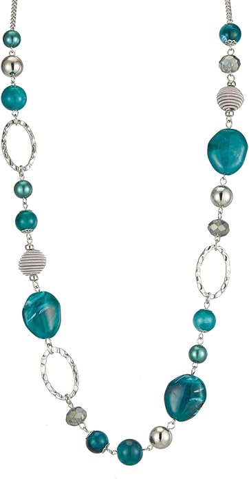 BULINLIN Beaded Long Necklace for Women Silver Sweater Chain Necklace with Crystal Resin Beads, Fashion Jewelry Necklace
