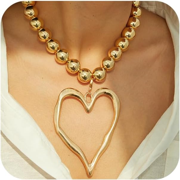 Unique Big Chunky Gold Heart Beads Necklace for Women, Charm Large Thick Hollow Love Heart Pendant Beaded Chain Choker Necklaces Party Y2K Jewelry Gift