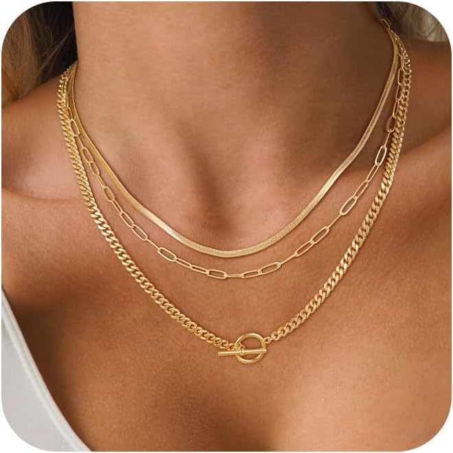 CHESKY Layered Necklaces for Women, 14K Gold Plated Chain Necklace Women Trendy Cuban Link Paperclip Chain Toggle Clasp Necklace Fashion Chunky Jewelry for Women