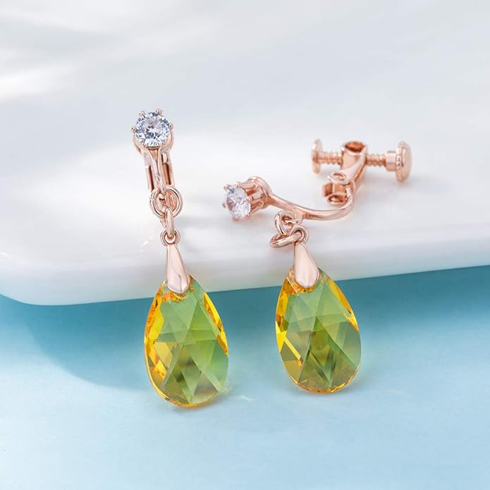 Teardrop Austrian Crystal Drop Clip On Dangle Earrings for Women Non Pierced 14K Rose Gold Plated Hypoallergenic Jewelry