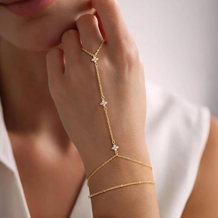 Valentine Gift 14K Gold Plated Hand Chain Bracelet for Women Trendy, 2 Pcs Stackable Gold/Silver Finger Ring Bracelet Hand Chain Dainty Non Tarnish Waterproof Set Jewelry Adjustable 7'+2