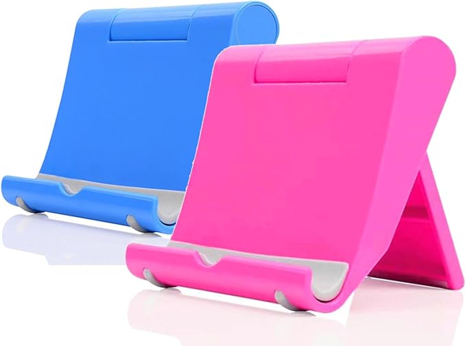 Cell Phone Stand for Desk 2 Pack Mobile Phone Holders Desktop Tablet Stand, Foldable Phone Dock Universal Adjustable Tablet Stand for Desk Compatible with Cell Phone Support (Blue+Pink)