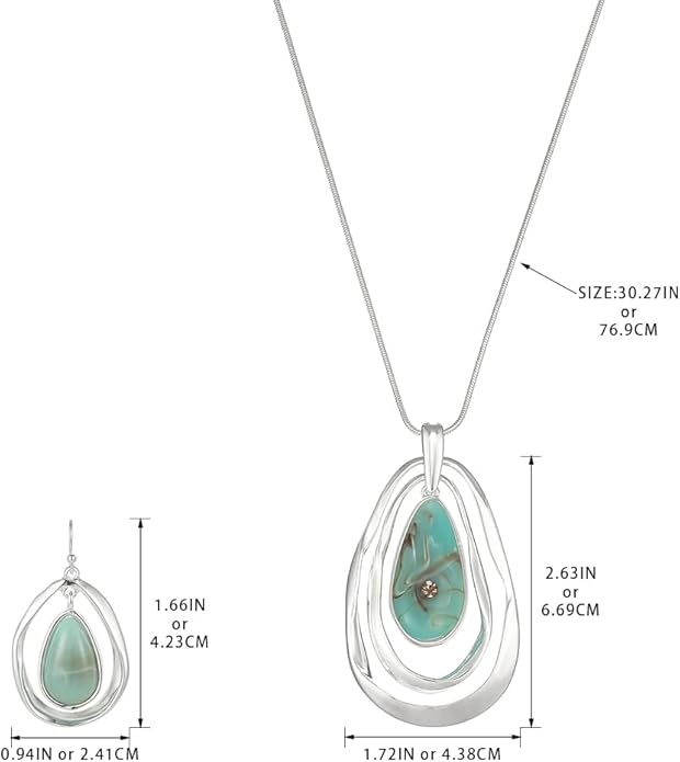 Madison Tyler Gold Plated Jewelry Set for Women | Silver Teardrop Pendant Necklace Trendy | Long Necklace with Snake Chain | Fashion Dangle Earring Set