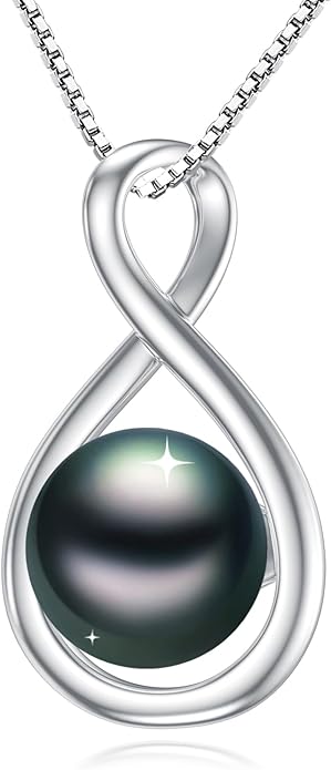 Tahitian Black Pearl 18K White Gold Plated Sterling Silver Heart/Infinity/Four Leaf Clover Pendant Necklace Jewelry Gifts for Women Wife Mom Girlfriend Wedding Birthday Anniversary Christmas