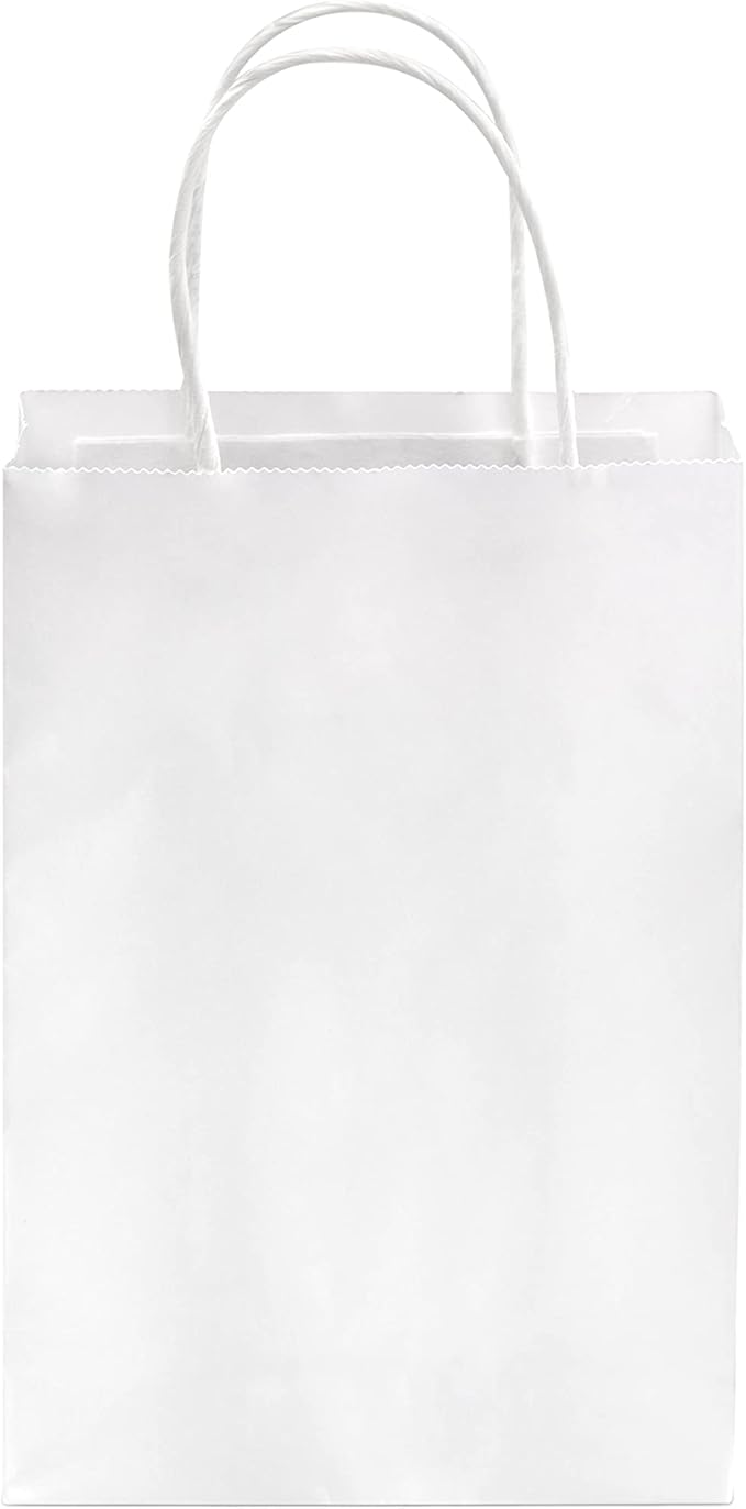 Prime Line Packaging White Paper Bags, Mini Gift Bags with Handles for Small Business, Shopping, Boutique, Merchandise, Party Favors, Bulk, 6x3x9, 100 Pack