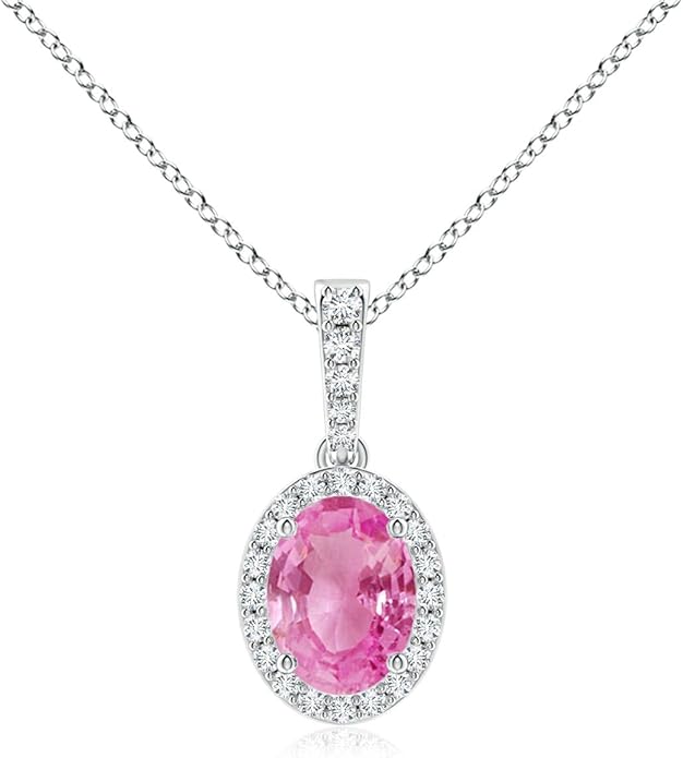 Angara Natural Pink Sapphire Pendant for Women | Vintage Style Oval Pink Sapphire Halo Pendant in 14K Solid Gold/Platinum With 18" Chain | Birthday, Anniversary, Gemstone Jewelry Gift