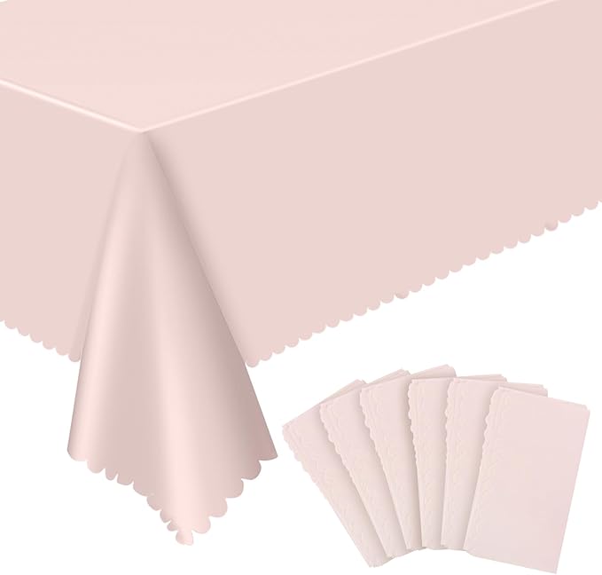 6 Pack Plastic Light Pink Tablecloth, 54 X 108Inch Party Table Covers Pink Scalloped Table Cloths for Rectangle Tables Disposable Tables Cover for Picnic Baby Shower Tea Party Wedding Bridal