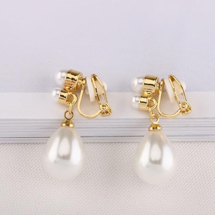 Pearl Clip on Earrings for Women Drop Clip Earrings for Women Gold Plated White Imitation Pearl Earrings Fashion