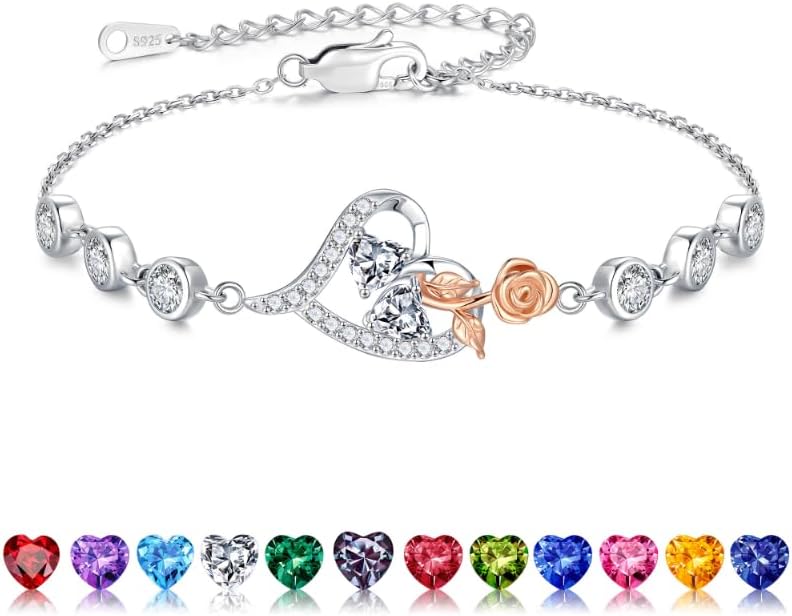Iefil Valentines Day Gifts for Her - 925 Sterling Silver Rose Heart Birthstone Bracelets, Anniversary Birthday Gifts for Women Wife Mom Daughter, 6"+2"