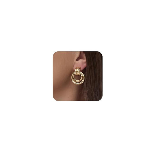 Gold-Plated Chunky Earrings, Knot Link Circle Drop Dangle Statement Studs for Women
