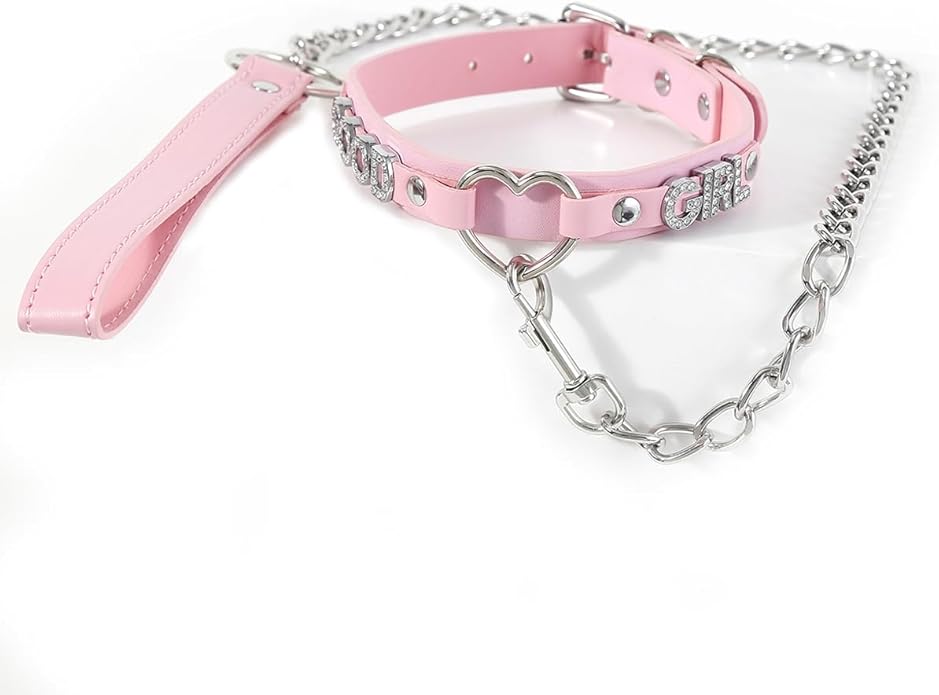 Succuba Handmade Heart Ring Rhinestone Letter Pu Leather Choker Collar Necklace for Women and Men