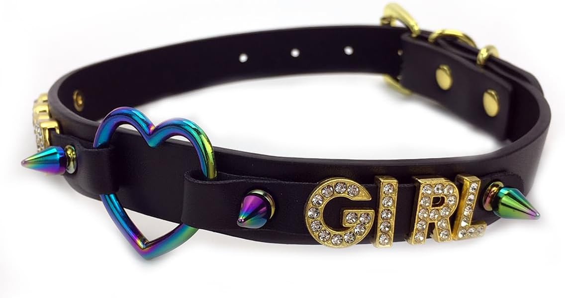 Succuba Handmade Heart Ring Rhinestone Letter Pu Leather Choker Collar Necklace for Women and Men