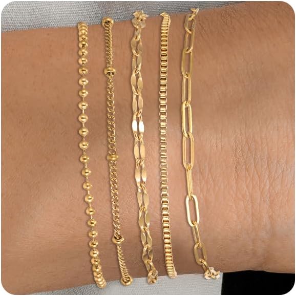 Silver and Gold Bracelets for Women Non Tarnish Waterproof Gold bracelet stack set, Adjustable 6.5"+2" Extender, Layered Bracelets for Women，Exquisite Jewelry Gift