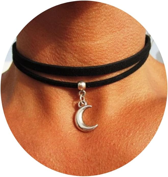Black Velvet Moon Choker Necklace for Women Gothic Layered Necklaces Pendant Handmade Boho Crescent