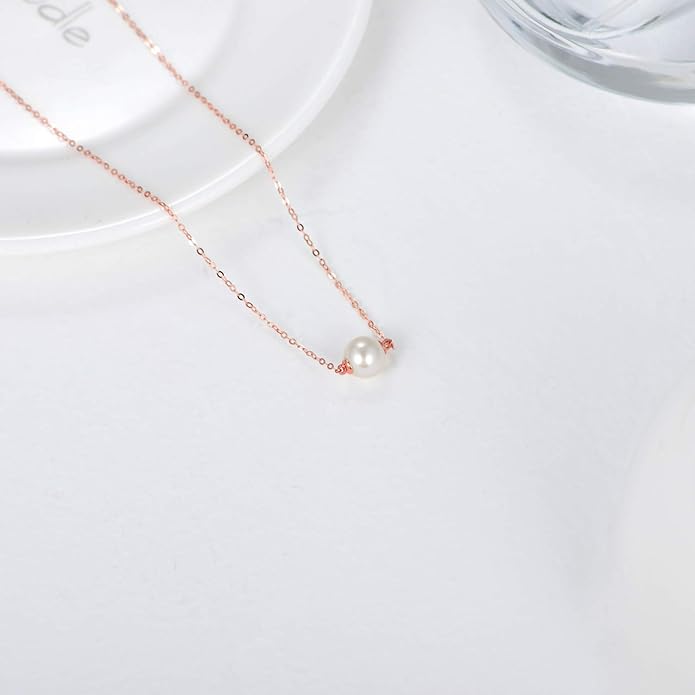 14K Solid Gold Pearl Necklace for Women, Delicate Cultured Freshwater Pearl Choker Pendant Necklace Love Jewelry Gift for Girls, Mom, Wife 16"-18"