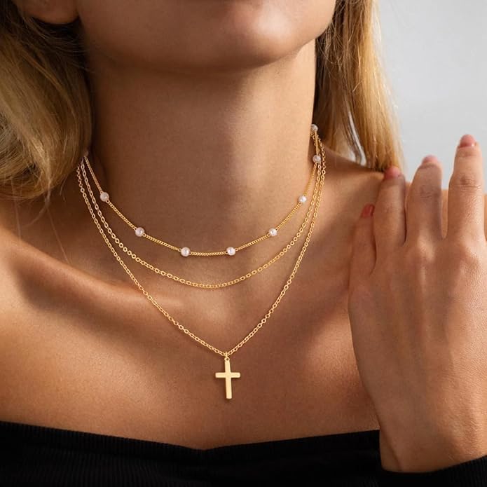 Evabelle Gold Layered Necklace for Women Trendy Jewelry 14K Real Gold Plated Chunky Chain Stackable Necklaces Dainty Choker Necklaces Rectangle Square Pendant