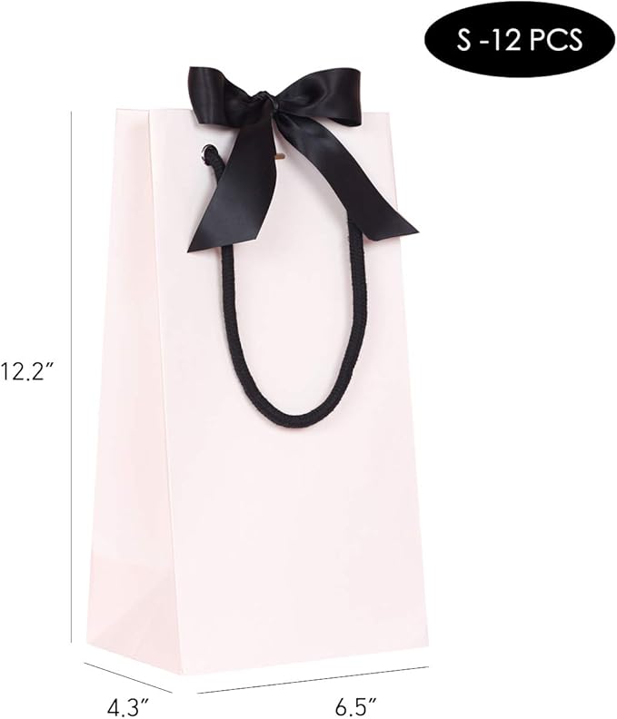 PAPERIST 12pcs Elegance Gift Bag with Satin Bows Ribbon, Sturdy Durable Thick Gift Bag, White gift bag with Black handle and Black Ribbon, Gift bag for Wedding, Christmas, Birthday Party