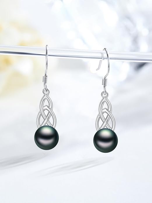 Tahitian Black Pearl Earrings Gifts for Women Wife Celtic Dangle Drop Earrings Wedding Birthday Anniversary Jewelry Valentines Christmas Day Gifts 925 Sterling Silver