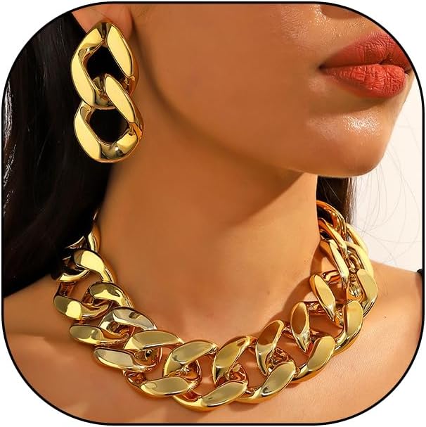 YOOESTORES82 Acrylic Gold Chunky Chain Necklace Earrings Set for Women,Punk Short Thick Wide Cuban Link Choker Necklaces Trendy Drop Dangle Earring Jewelry Set