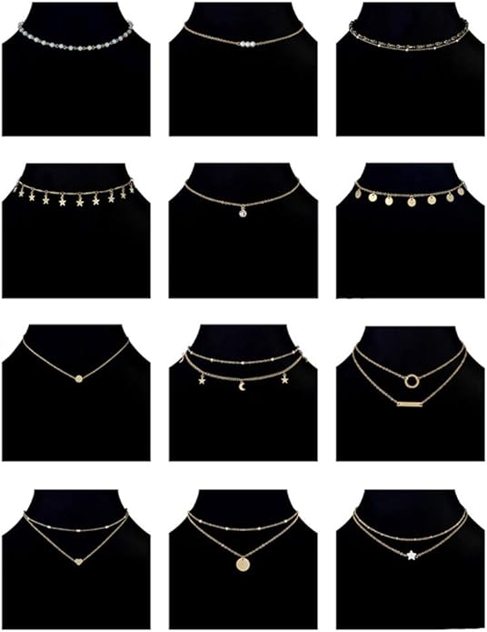12pcs Chain Gold Bead Necklace Coin Moon Star Pearl Pendant Chain Choker Multilayer Necklace Leather Cord Set for Women Men Adjustable Gold Tone