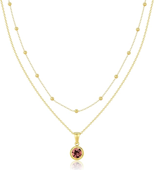 14K Gold-Plated Women's Double-Layer Birthstone Necklace Delicate Round Birthstone Pendant with a Simple Necklace, a Birthday Gift for Women Teenage Girls