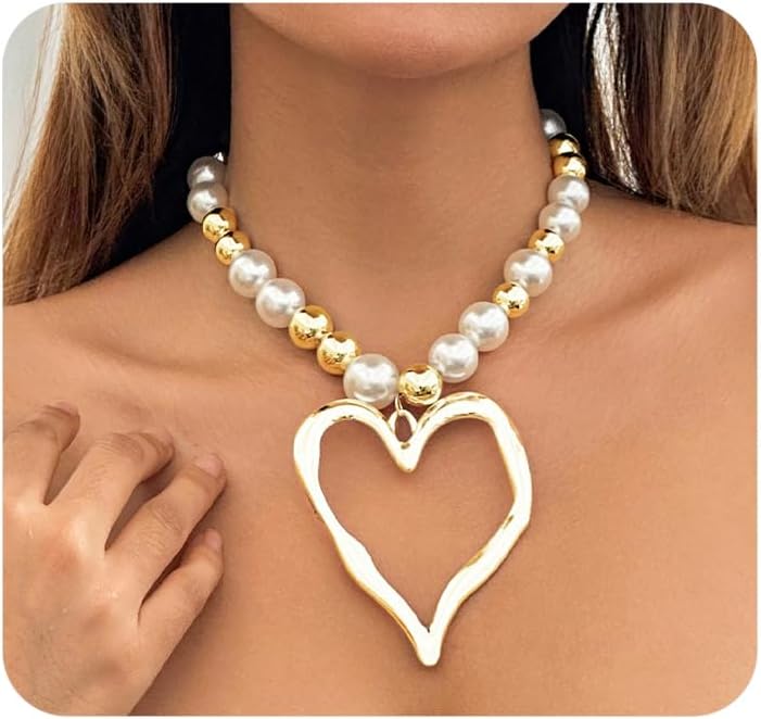 Exaggerated Heart Pendant Pearl Necklace,Charming Plated Gold Chunky Love Ball Statement Choker,Sweet Heart Beaded Collar Necklace for Women