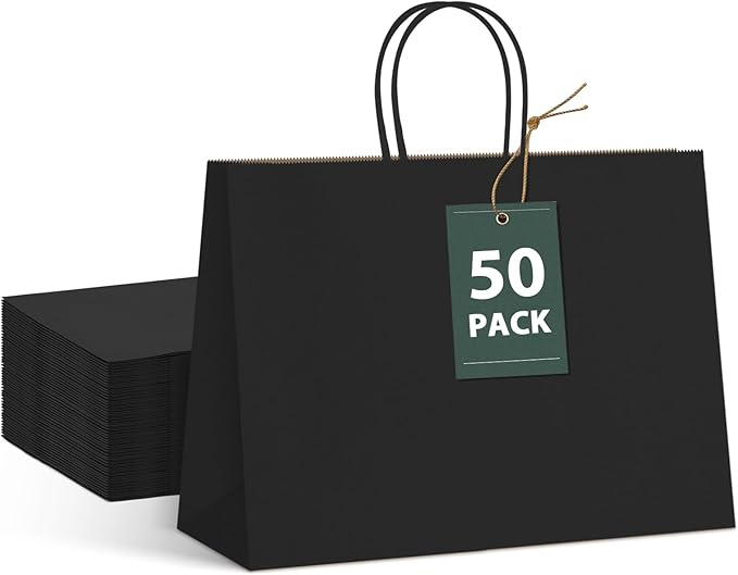 GSSUSA Gift Bags Large with Handles 16x6x12 Black 50Pcs, Kraft Paper Bags Bulk for Small Business, Paper Shopping, Grocery, Shopping bag for Boutique, Merchandise