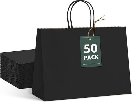 GSSUSA Gift Bags Large with Handles 16x6x12 Black 50Pcs, Kraft Paper Bags Bulk for Small Business, Paper Shopping, Grocery, Shopping bag for Boutique, Merchandise