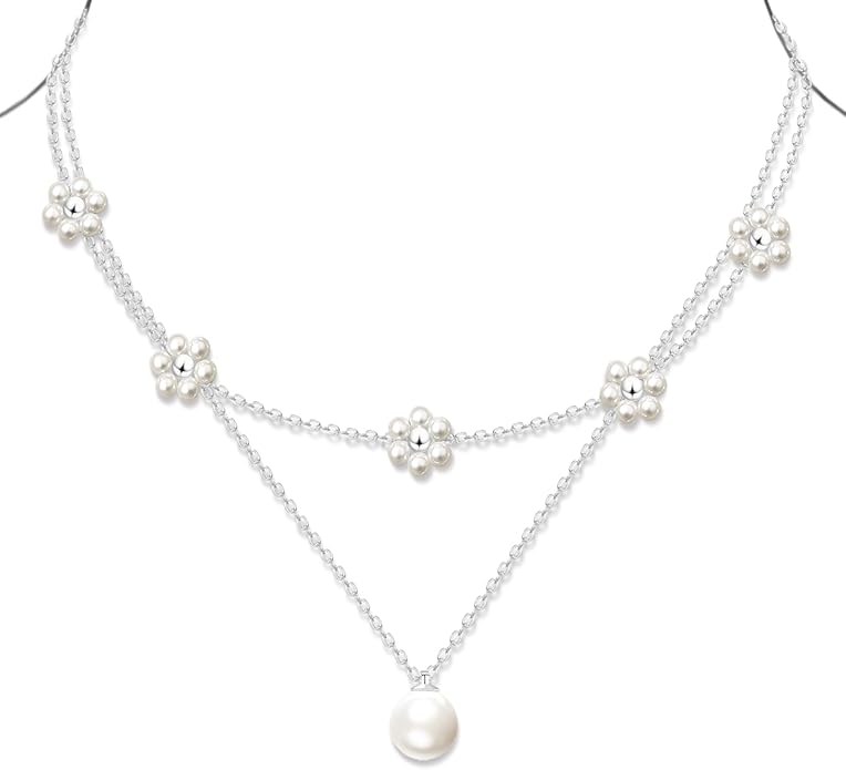 OGD Gold Pearl Necklaces Set for Women 14K Gold Plated Dainty Layered Pearl Cute Daisy Pearl Choker Gold Necklace Gifts for Women Gold Trendy Jewelry Gifts
