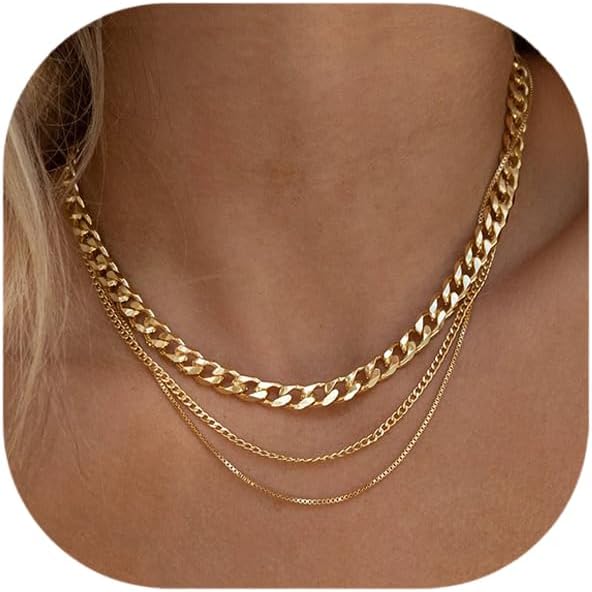 Gold Layered Necklaces for Women, 14K Gold Plated Dainty Gold Chain Choker Necklace Stack, Herringbone Gold Necklaces Set