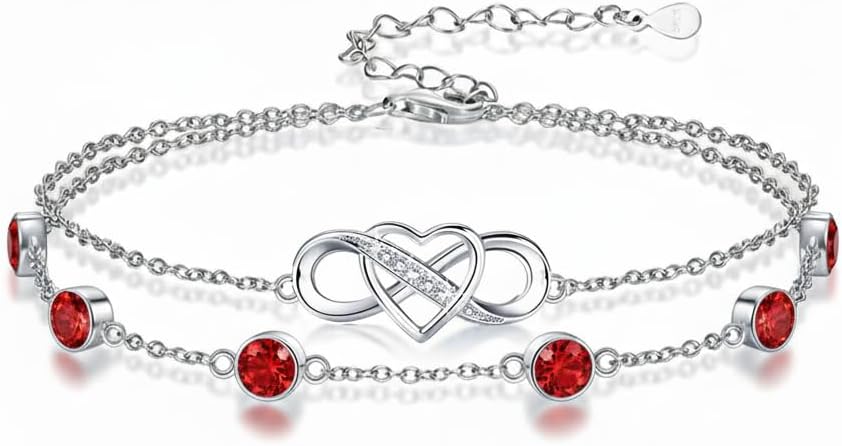 Prismata Infinity Birthstone Charm Link Bracelet 925 Sterling Silver Adjustable 12 Months Birthstone Infinity Bracelet Birthday Jewelry Gifts for Women Mom Her,with 7"+2" chain
