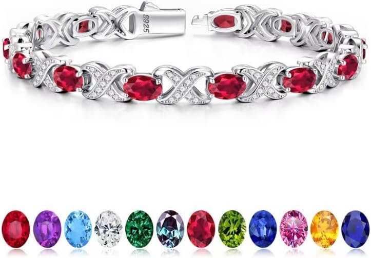 Iefil Valentines Day Gifts for Her, Oval Birthstone Tennis Bracelets for Women Wife Unique X O Design Fine Jewelry Anniversary Birthday Gift 925 Sterling Silver Birthstone Jewelry for Mom Girlfriend