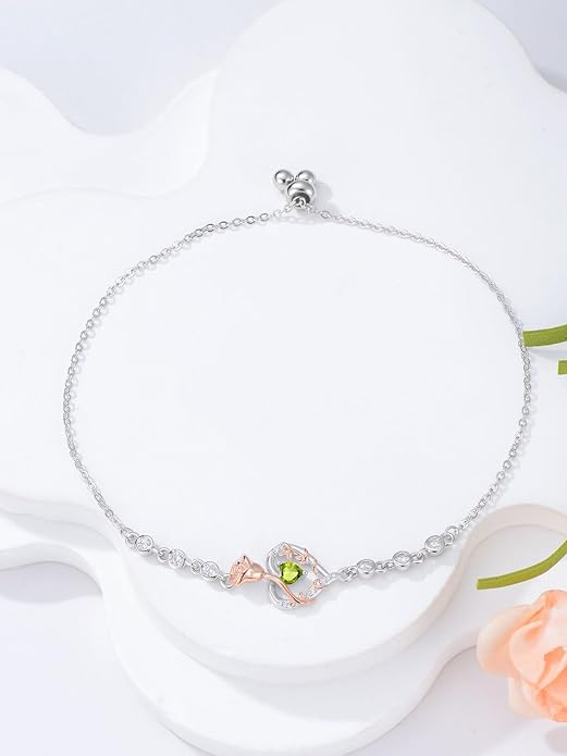 Birthstone Charm Link Bracelet 925 Sterling Silver Rose/Heart/Mom Bracelet with 12 Months Birthstone Mother's Day Gift Jewelry Gifts for Women,Chain Length 7"+2" Extend