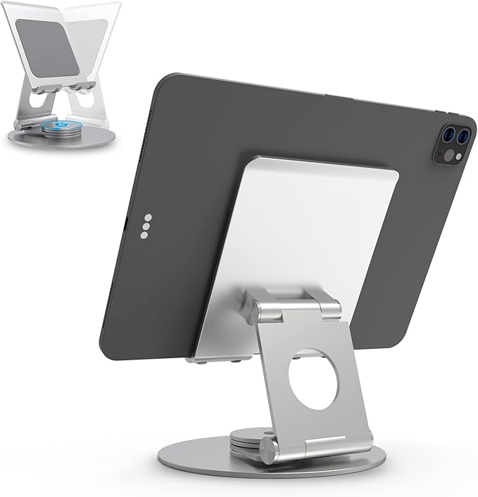 KABCON Swivel Tablet Stand, Aluminum Portable 360°Rotating Holder for Desk,Business,Kitchen,Desktop,Table Stand for iPad Pro 9.7,10.5,12.9/Air Mini,Tab,Fire,Nexus,E-Reader-Silver