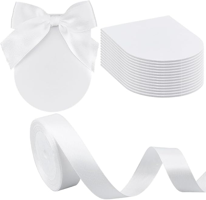 WADORN 100 Pack Wedding Place Cards with Bow Ribbon, DIY Wedding Placecards Sets with 3.5x2.7 Inch Blank Writable Arch Name Table Cards and 25 Yards Ribbon for Weddings Thank You Party Supplies