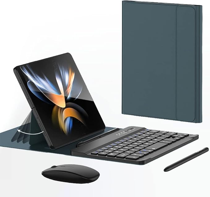 for Samsung Galaxy Z Fold 7 6 5 Keyboard and Mouse, Portable Mini 7.9 inch Bluetooth Keyboard with Leather Case and Capacitive Pen, 4 in 1 Set for Z Fold7 6 Accessories,Green