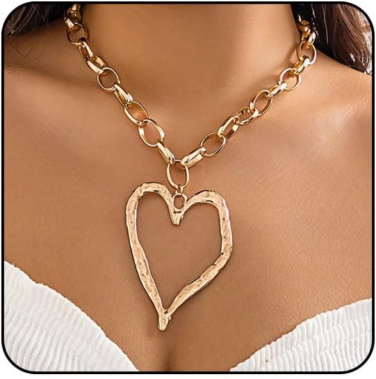 Chunky Gold Necklace Big Heart Necklace for Women Silver Large Statement Necklaces Thick Bold Chain Puffy Love Heart Charm Necklaces for Women with OT Toggle Silver Chunky Gold Jewelry Trendy Valentine's Day Gift